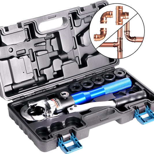 AMZCNC Professional V-Contour 12-15-18-22-28 Set Press Tool with 180° rotatable head, for copper pipe, stainless steel pipe, jaw inserts V12, V15, V18, V22, V28 incl.