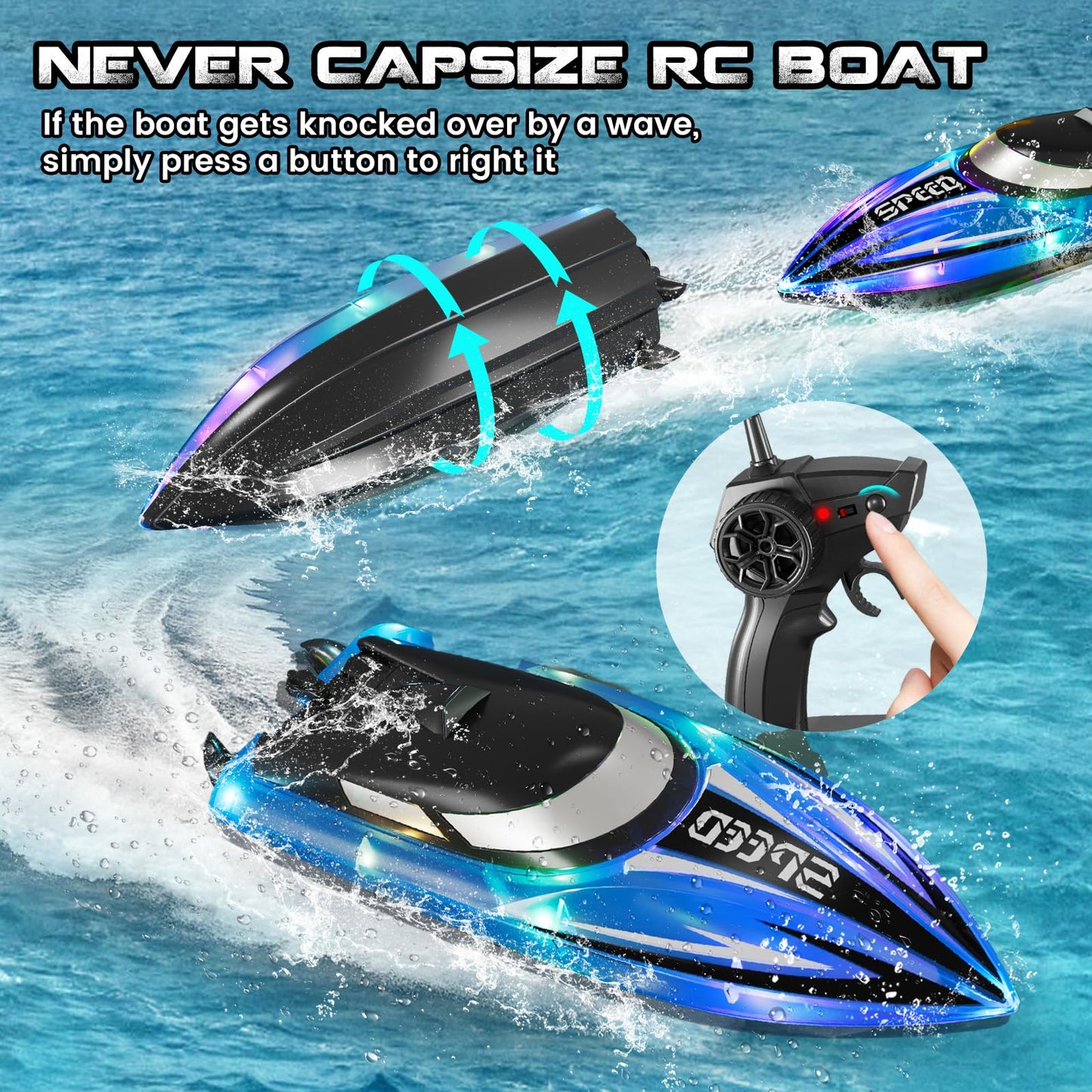 YOOHBERRYS Remote Control Boat 2 Pack, RC Boat with LED Light for Pools and Lakes, 2.4 GHz Remote Controlled Boats RC Racing Boat, Speedboat Pool Toy for Kids and Adults (Blue + Red)