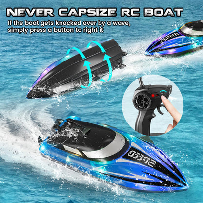 YOOHBERRYS Remote Control Boat 2 Pack, RC Boat with LED Light for Pools and Lakes, 2.4 GHz Remote Controlled Boats RC Racing Boat, Speedboat Pool Toy for Kids and Adults (Blue + Red)