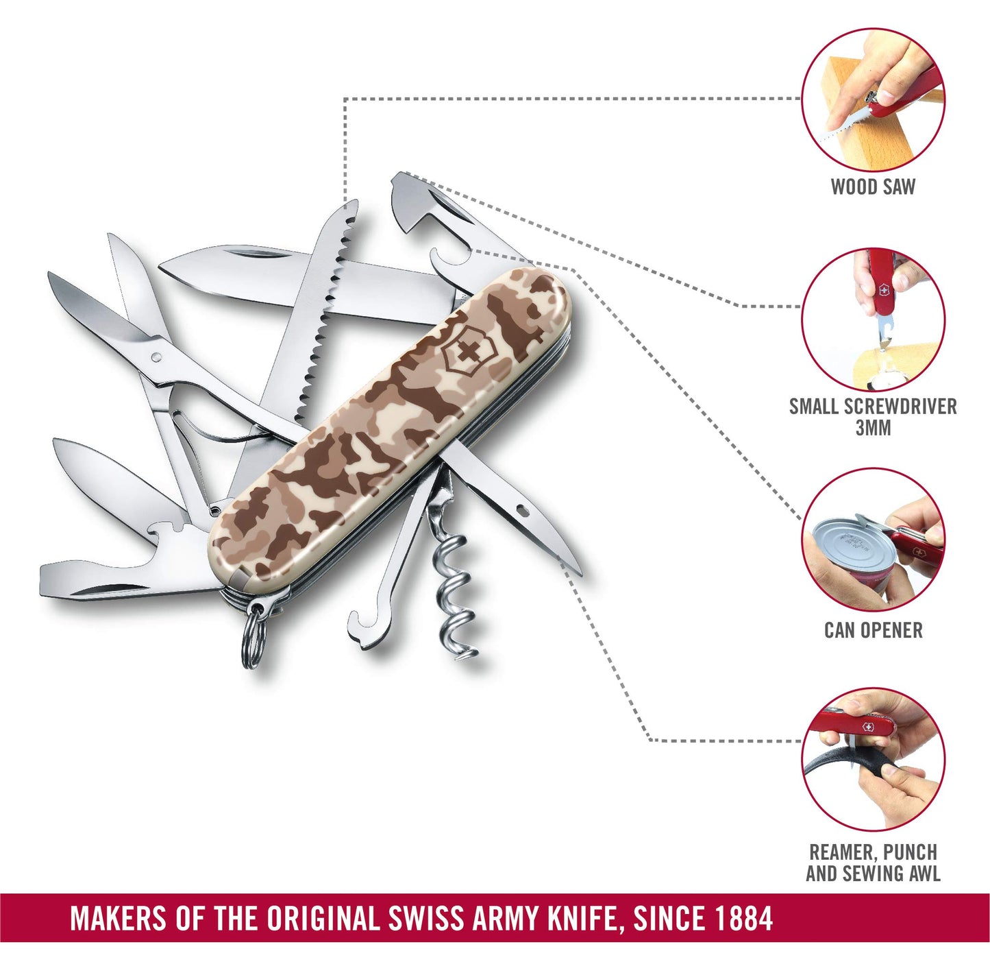 Victorinox Swiss Army Knife Huntsman, multitool with 15 functions, blade, corkscrew, can opener, foldable box, Desert Camouflage.