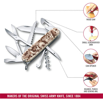 Victorinox Swiss Army Knife Huntsman, multitool with 15 functions, blade, corkscrew, can opener, foldable box, Desert Camouflage.