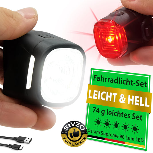 Aries Bike Light Front & Rear as a Set [Very Bright 90 Lum LED] - USB C Rechargeable Bike Light - Front & Rear Bike Light Set StVZO Approved - Bike Lighting for Road Bike MTB Kids Bike