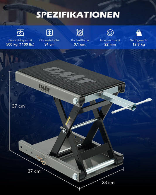 Orion Motor Tech motorcycle lift, height adjustable from 95-370mm, with a weight capacity of 500kg/1100 lbs. Ideal for motorcycle maintenance, this gray scissor lift stand is perfect for bike repairs.