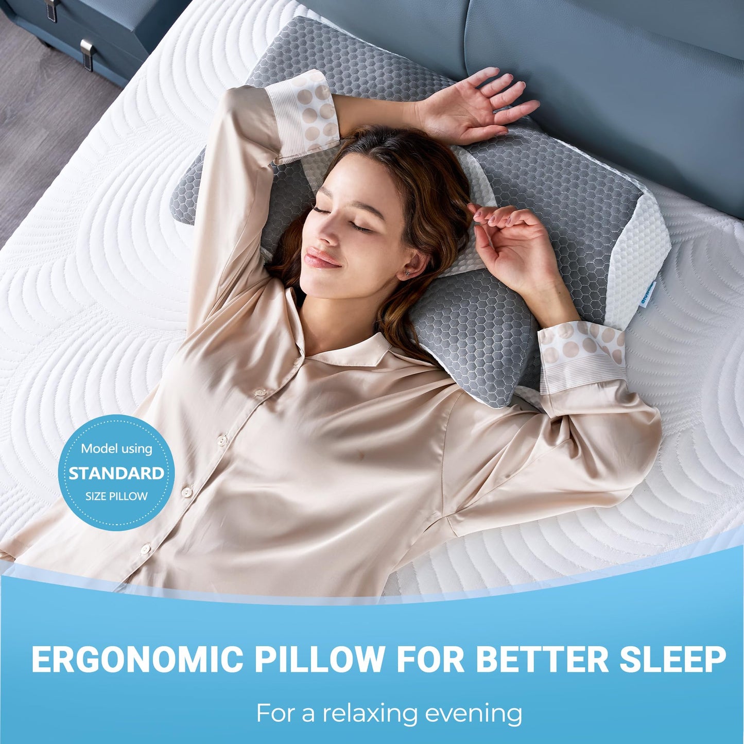 Elviros Orthopedic Memory Foam Pillow, Side Sleeper Pillow Neck Support Pillow Head Pillow Neck Pain Ergonomic Sleep Pillow for Neck and Shoulder Pain 64 x 12.5/10.5 x 38cm