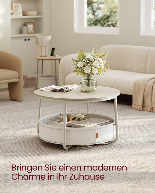 VASAGLE round coffee table with storage, side table, living room table with fabric basket, modern, metal frame, natural beige-cream LCT244K01