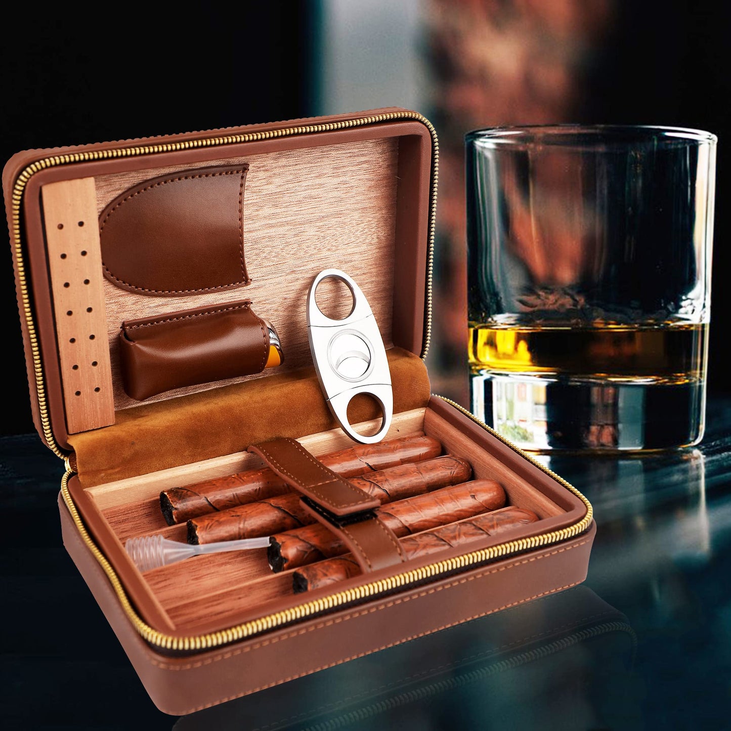 Time C Club 4-Finger Woven Pattern Portable Travel Leather Cigar Case, Cigar Cutter, Cigar Humidor with Cutter and Humidor, Groomsmen Gift, Birthday Gift