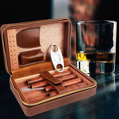 Time C Club 4-Finger Woven Pattern Portable Travel Leather Cigar Case, Cigar Cutter, Cigar Humidor with Cutter and Humidor, Groomsmen Gift, Birthday Gift