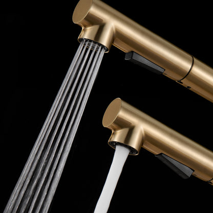 KINSE kitchen faucet with pull-out spray, stainless steel sink faucet kitchen, 2 spray modes, 360° swivel, brushed gold.