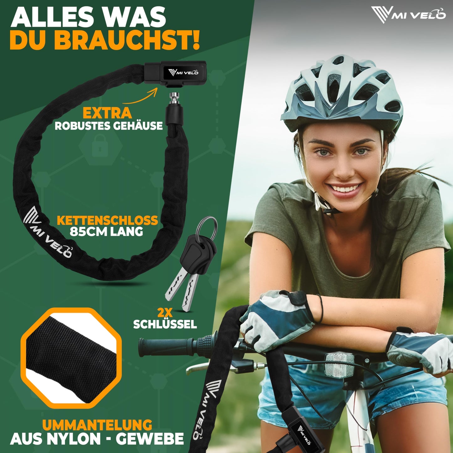 MIVELO bike lock chain lock made of hardened steel - 85cm long I bike lock - chain locks high security I 8mm square chain - bike lock for bicycle, e-bike & e-scooter (With key)