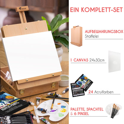 Acrylic paint set for artists 34-piece - with wooden carrying case for adults, easel, 24 tubes of acrylic paint, 6 paintbrushes, canvas, palette knife, and mixing palette.