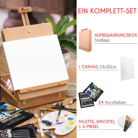 Acrylic paint set for artists 34-piece - with wooden carrying case for adults, easel, 24 tubes of acrylic paint, 6 paintbrushes, canvas, palette knife, and mixing palette.