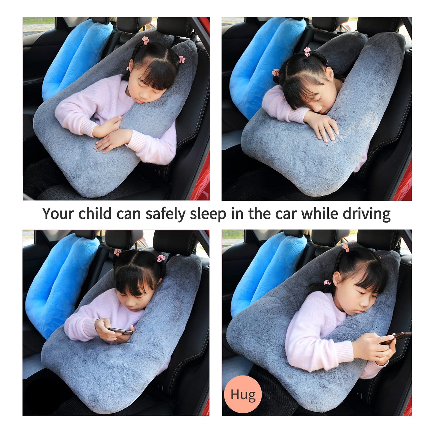 FHSGGP Travel Pillow Child Neck Pillow Car Sleep Pillow for Long Journeys U-Shape Car Seatbelt Pillow Travel Pillow for Kids Artificial Rabbit Fur Grey