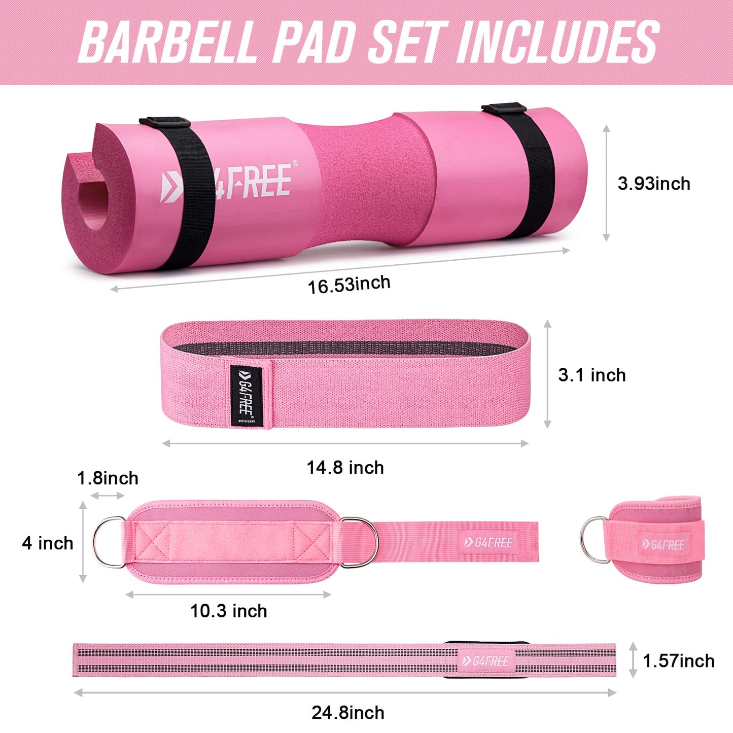 G4Free 9-piece Set Barbell Pad/Neck Pad/Barbell Pad for Squats/Hip Thrusts/Lunges/Olympic Barbell with 2 Gym Ankle Safety Straps & 3 Hip Resistance Bands & 2 Fitness Bands