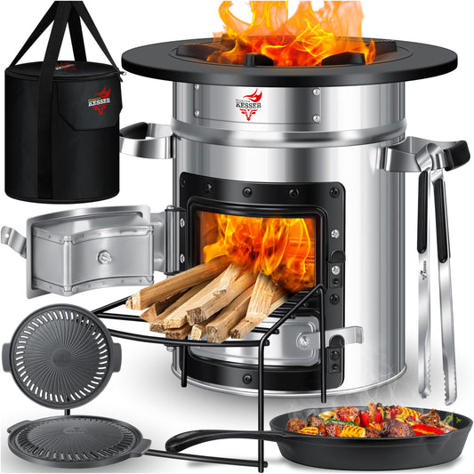 KESSER® Rocket stove incl. cast iron grill pan, griddle, grill tongs & carrying bag | Dutch Oven BBQ Rocket wood stove camping | Outdoor camping stove camping grill stainless steel silver