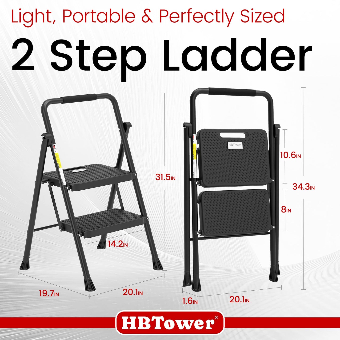 HBTower Folding Step Ladder with 2 Steps, Wide Anti-Slip Pedals, Portable up to 150 kg, Household ladder for Kitchen, Garage & DIY.