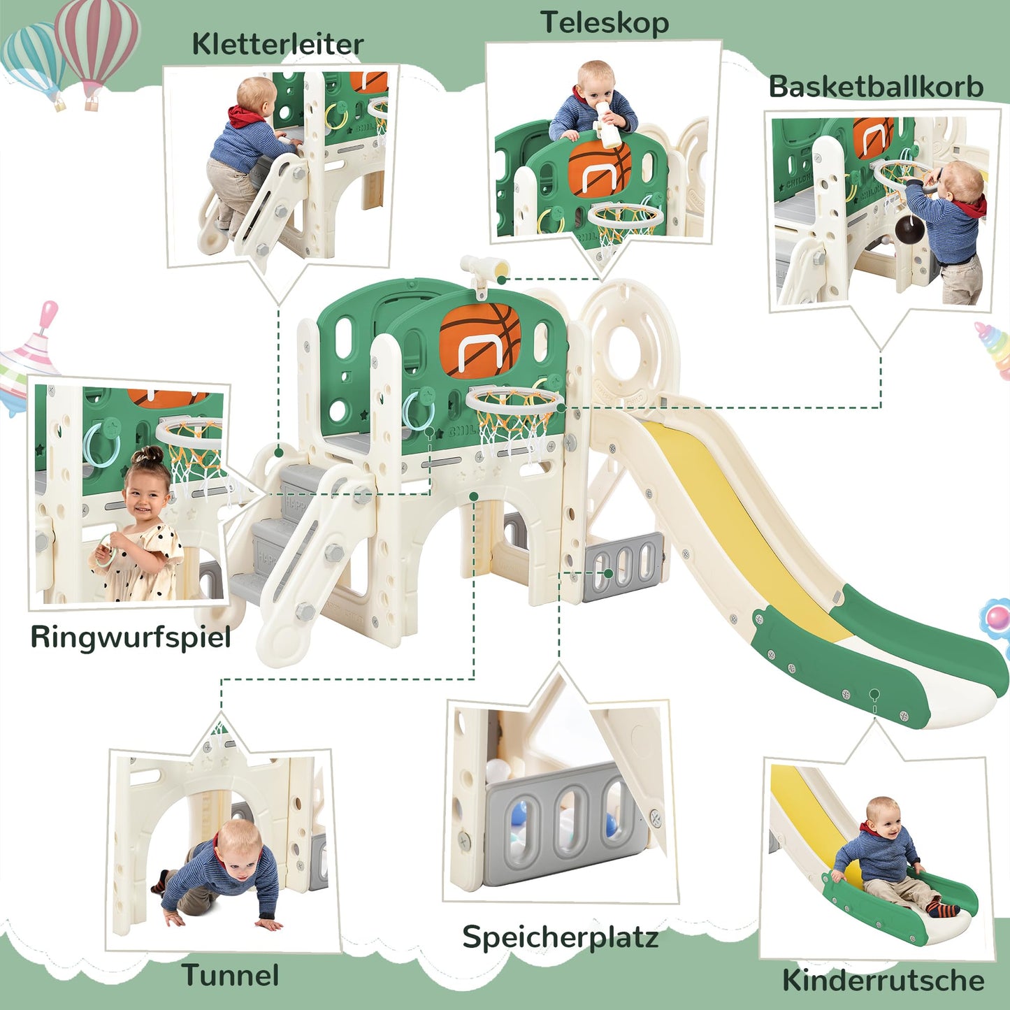 5 in 1 children's slide for indoor and outdoor use for ages 1-6. Playground for kids with long slide, storage box, tunnel, stairs, basketball hoop, and passageway. Green garden slide.