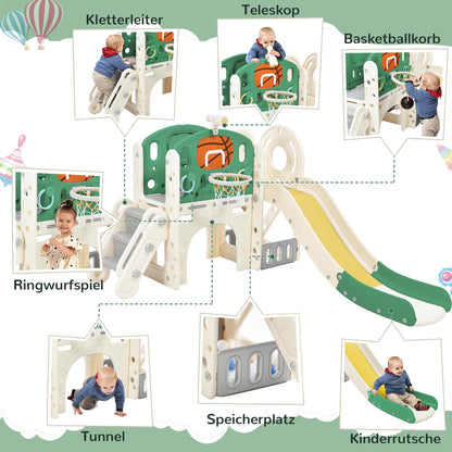 5 in 1 children's slide for indoor and outdoor use for ages 1-6. Playground for kids with long slide, storage box, tunnel, stairs, basketball hoop, and passageway. Green garden slide.