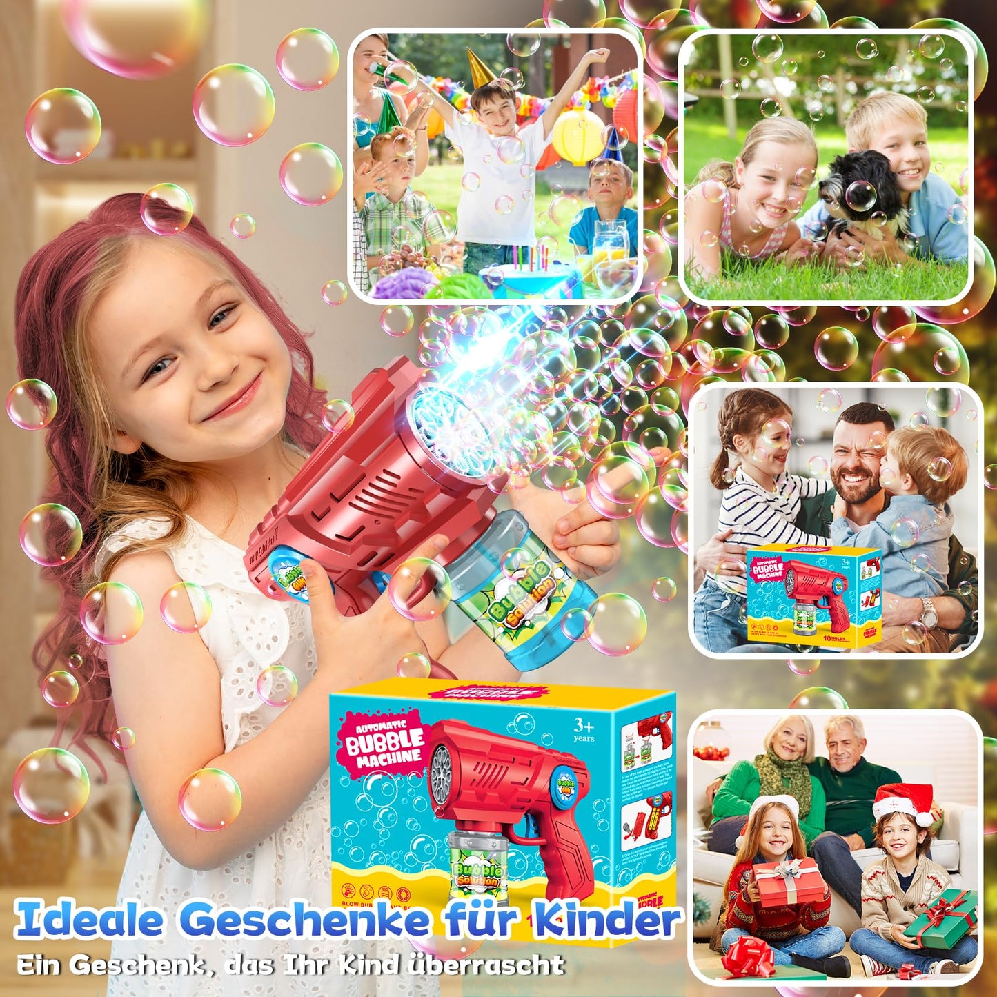 Bubble gun kids bubble machine bubble machine: LED light bubbles electric with 100 ML tank blue automatic bubbles maker for kids shooter party toy (pink)
