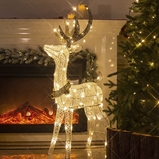 Illuminate your home this holiday season with this charming 1.2M golden and white iron frame LED reindeer decoration. Perfect for both indoor and outdoor use, this glowing Christmas decor will bring warmth and cheer to your space.