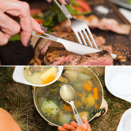 OUTXE Titanium camping utensil set 3-piece polished titanium spoon-fork-knife combo and neoprene case, lunchbox cutlery set and travel utensil.