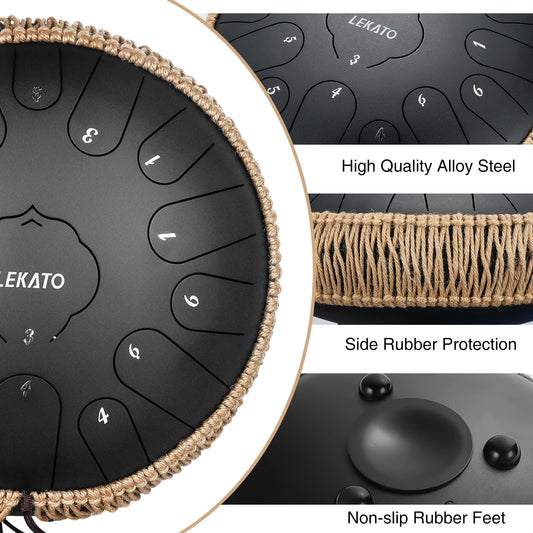 LEKATO Steel Tongue Drum, 13 inch, 15 Notes, Key of C, Handpan Drum with Carrying Bag, Percussion for Meditation, Yoga, Music Lessons, Black.