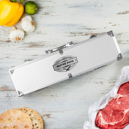 AMAVEL stainless steel BBQ set with utensils and engraving "Grillmaster & Best Dad", spatula, fork, and tongs, Father's Day gifts, gifts for men.