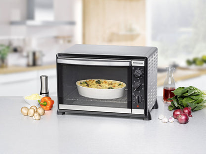 ROMMELSBACHER Back & Grill Oven BG 1805/E - 42 liter capacity, 7 heating modes, convection, rotisserie, temperature range of 80-230 °C, double glazed door, interior lighting, timer, 1800 W, stainless steel.