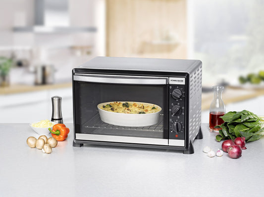ROMMELSBACHER Back & Grill Oven BG 1805/E - 42 liter capacity, 7 heating modes, convection, rotisserie, temperature range of 80-230 °C, double glazed door, interior lighting, timer, 1800 W, stainless steel.