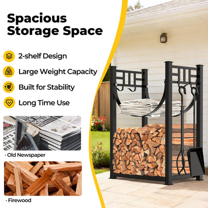 Amagabeli Firewood Rack with 4 Fireplace Tools 80cmx40cmx30cm for Indoor Outdoor Log Holder with High Firewood Rack Fireplace Wood Storage Stacking with Wrought Iron Tools Black