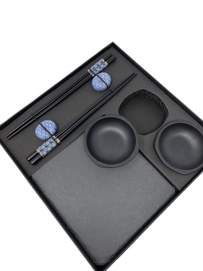 Soypi Sushi Set for 2 - black, 10 piece sushi dish set with chopsticks, slate plates, trays, bowls, delivered in high-quality gift box as a perfect couple's gift.
