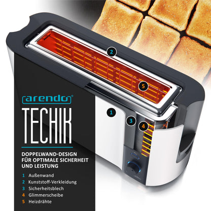 Arendo - Long Slot 2-Slice Toaster - Defrost Function - 1000W - Double-wall housing - Integrated bun warmer - Browning levels 1-6 - Display with remaining time indication - Stainless Steel white