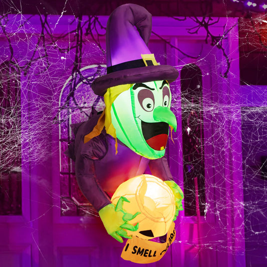 4.5 Ft Halloween inflatable witch, Halloween outdoor window decoration, ghost witches with pumpkin candy jar, built-in LED lights, Halloween inflatable Halloween decoration Garden, outdoor, party.