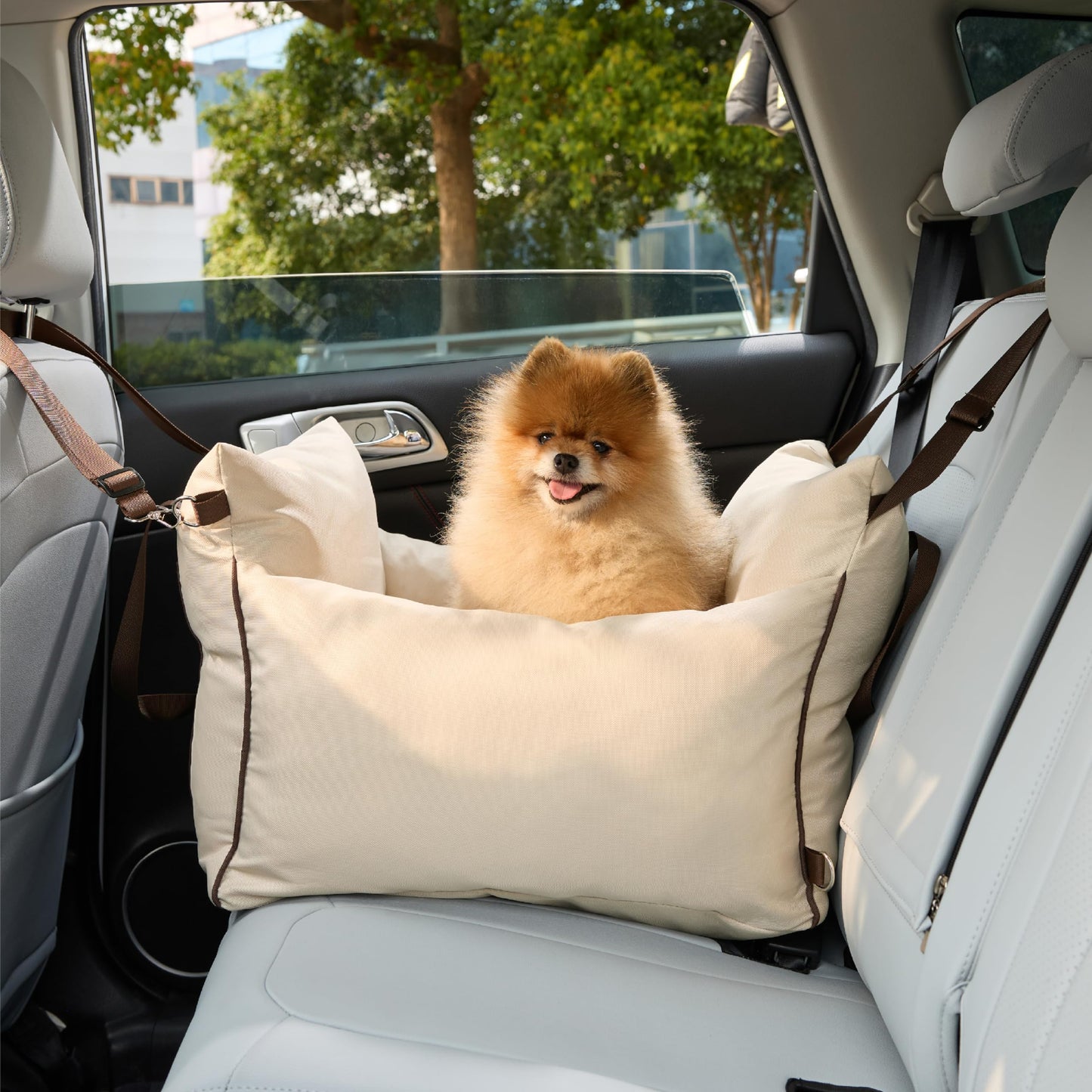 Lesure Dog Car Seat for Small Dogs - waterproof and washable dog car seat with storage pockets, detachable safety leash, and thickened memory foam filling, 58x56x33cm, Beige.