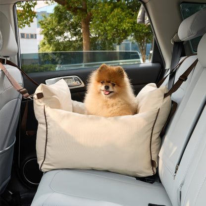 Lesure Dog Car Seat for Small Dogs - waterproof and washable dog car seat with storage pockets, detachable safety leash, and thickened memory foam filling, 58x56x33cm, Beige.