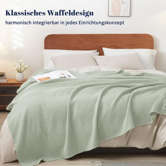 PHF 100% Cotton waffle blanket Throw 150x200cm, lightweight & breathable, perfect for summer - Oeko-TEX® Certified - Hotel-grade quality - Ideal for sofa, couch, bed, Grass Green.