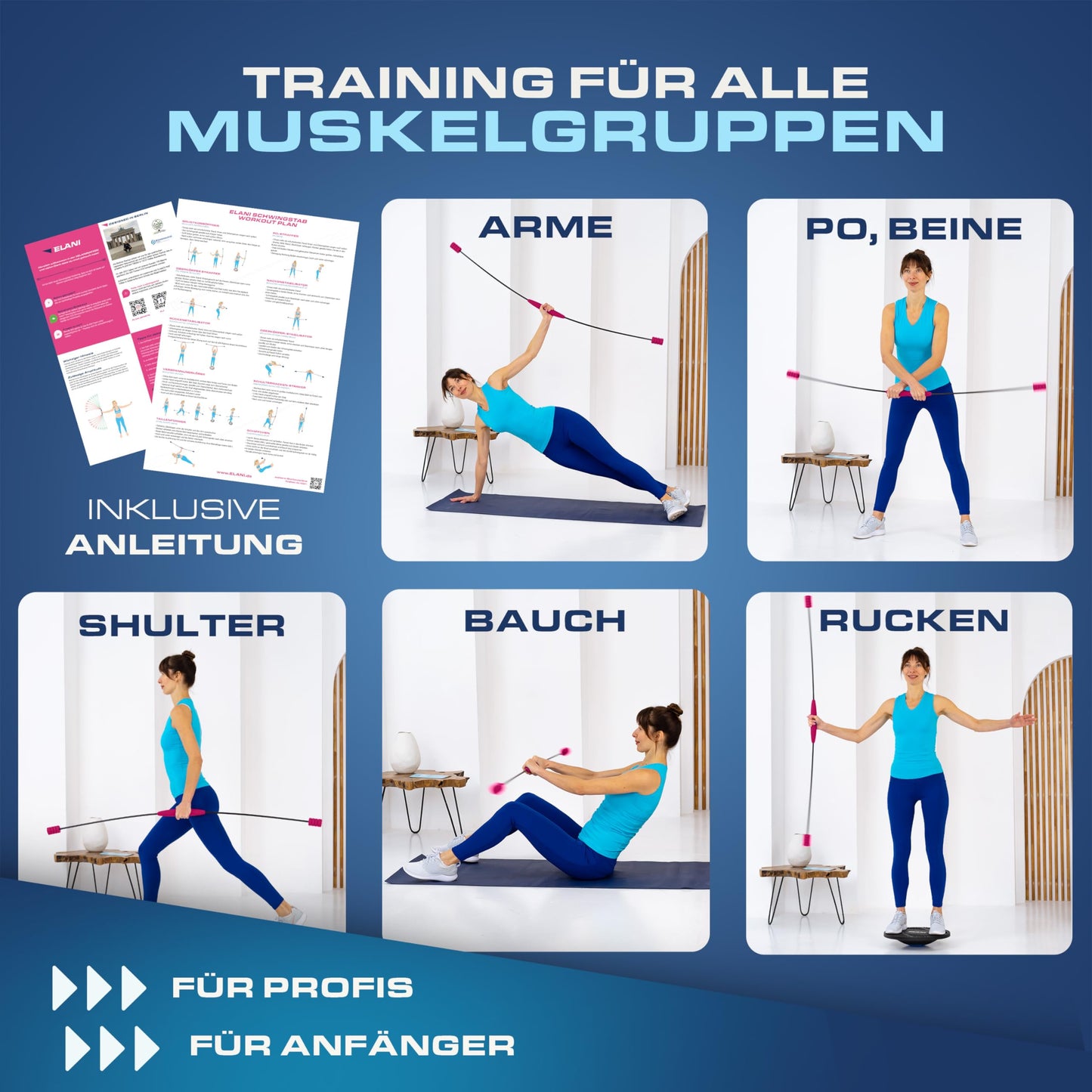 ELANI Swing stick - Adjustable resistance & ergonomic grip - High-strength gymnastics stick, also suitable for physiotherapy - Swinging Sticks, Swing stick fitness champion, Flex Stick