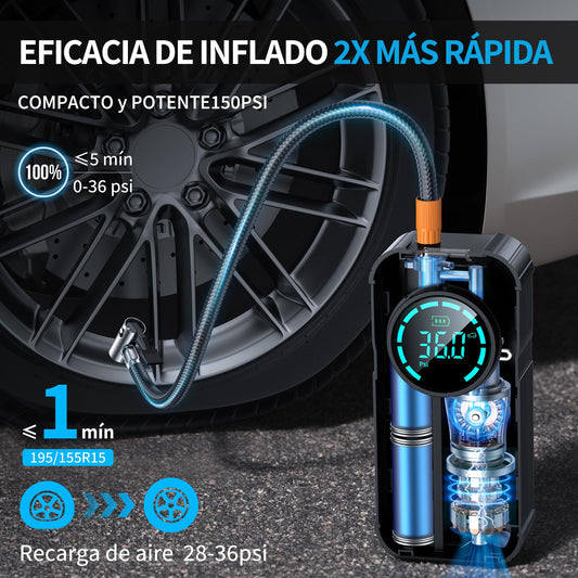 Portable air compressor 150PSI electric compressor, mini tire pump with digital LED display, 4 nozzle adapters, 12V rechargeable electric compressor for car, motorcycle, bike, balls.