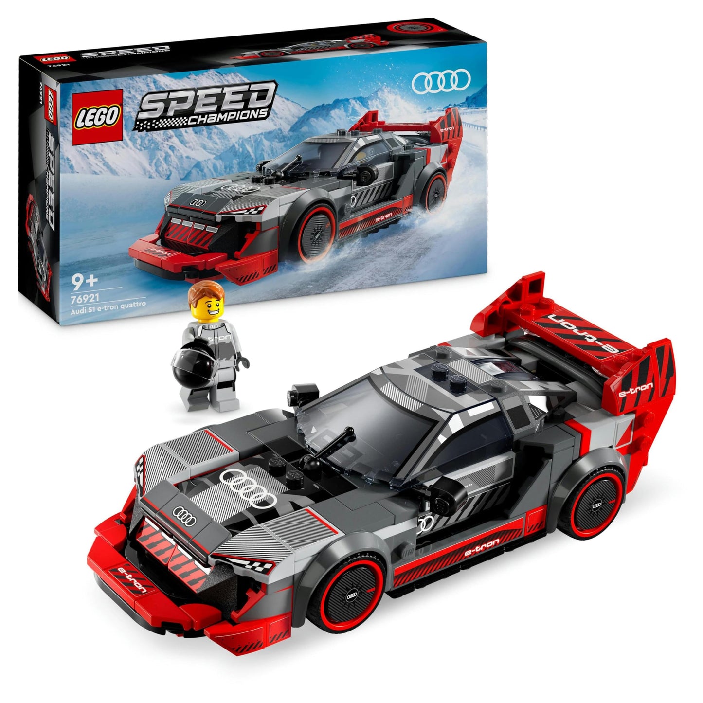 LEGO Speed Champions Audi S1 e-tron Quattro race car set with buildable car & Speed Champions Ford Mustang Dark Horse sports car, buildable car toy with minifigure.