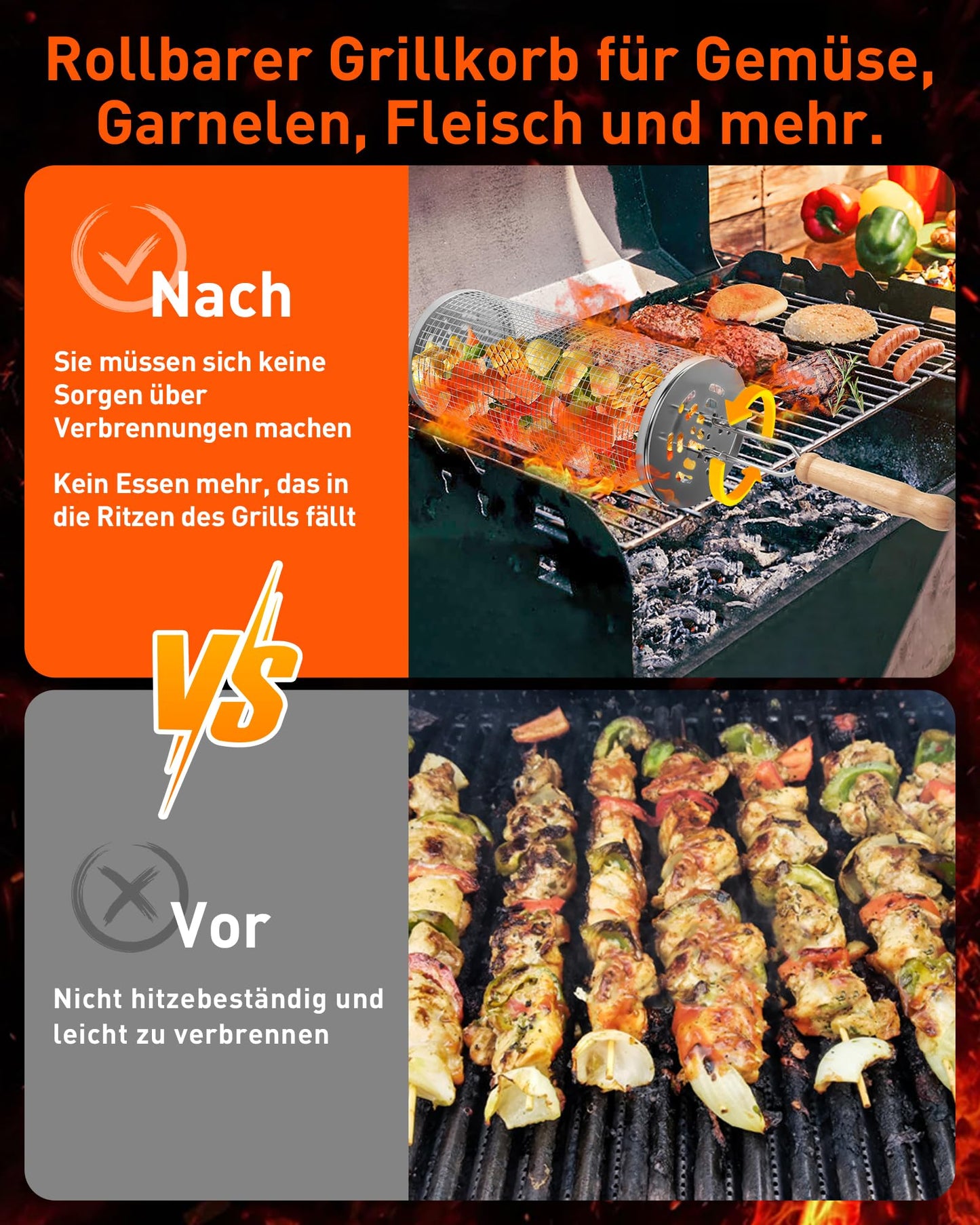 OWZ Rolling Grill Basket Set - 2 pieces of stainless steel grill basket with wooden handle - Rolling Grilling Basket - for outdoor camping grill, grilled vegetables, meat skewers, seafood, etc. (31.8 * 9.5CM)