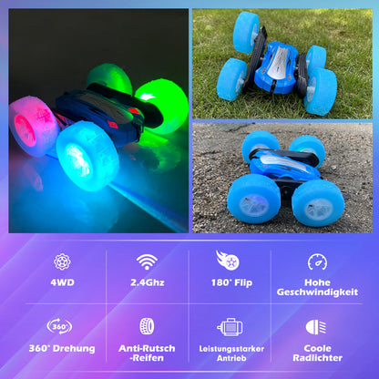 Rodzon Remote Control Car 3 4 5 6 7 8 9 Years Old Games LED Flashing RC Car Toy Boys Christmas Birthday Gifts Kids Toy 360° Flip Car Indoor Outdoor Outside Sand Beach Garden (Blue)