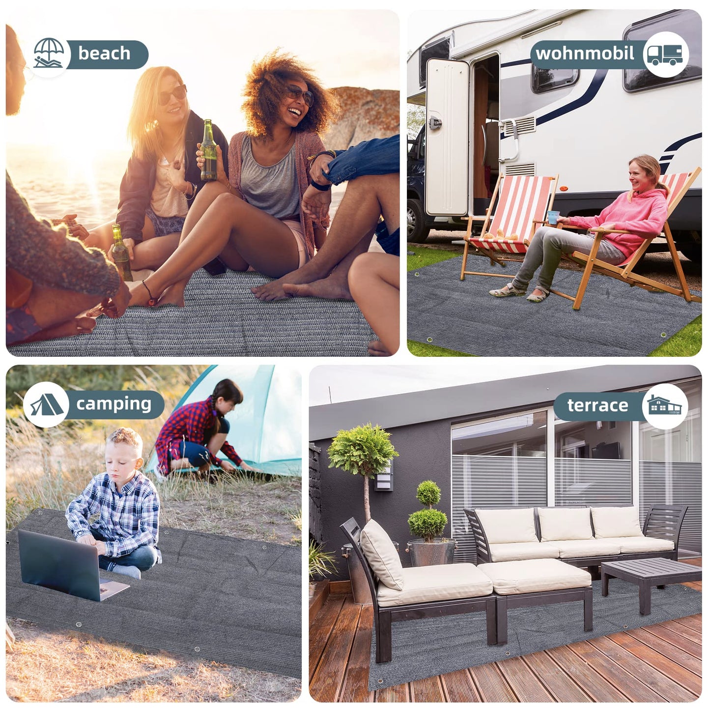 FoundGo awning carpet with eyelets [280g/m² HDPE] Camping carpet Outdoor awning floor including carrying bag Steel nails & Small broom Blue/Grey 250x500cm