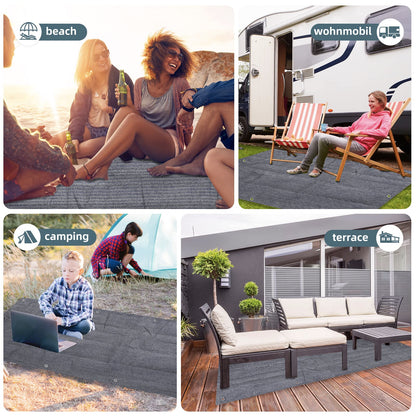 FoundGo awning carpet with eyelets [280g/m² HDPE] Camping carpet Outdoor awning floor including carrying bag Steel nails & Small broom Blue/Grey 250x500cm