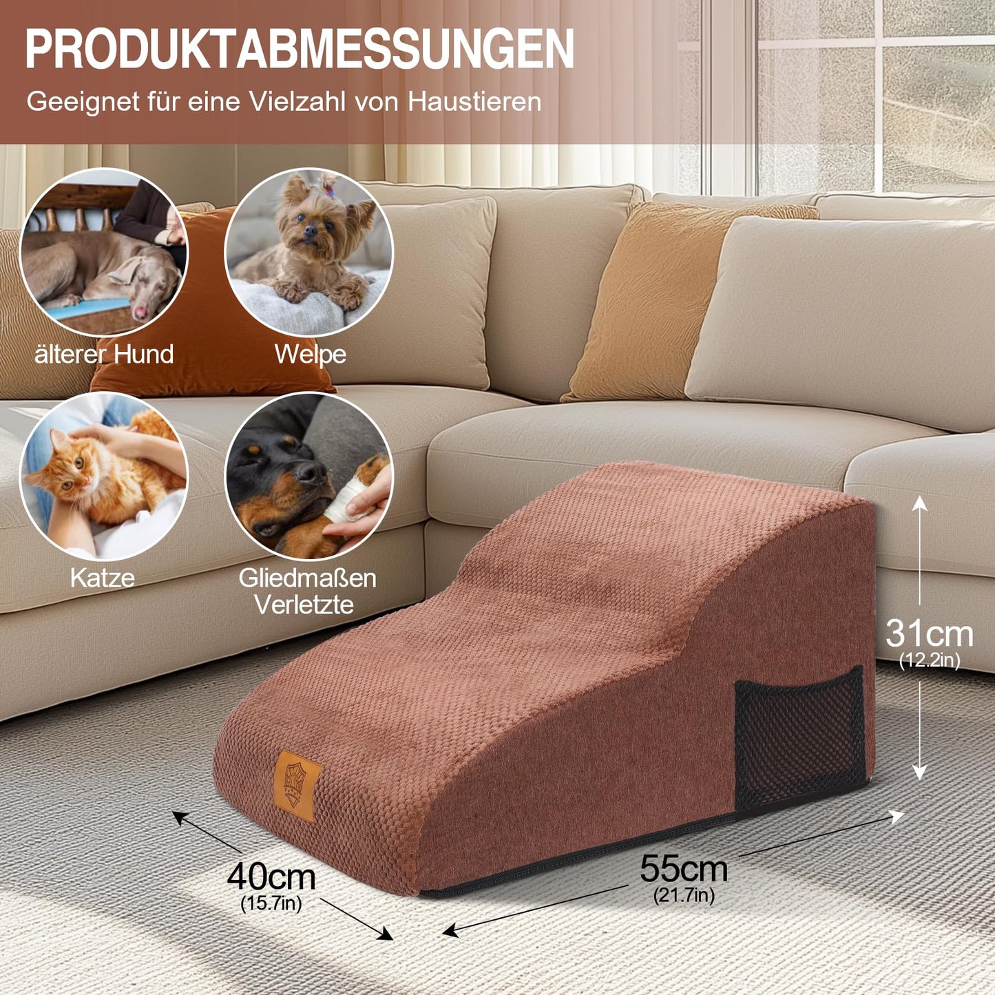MASTERTOP Dog Stairs 2 Steps - Wide Dog Ramp Cat Stairs, High Density Foam Pet Stairs for Small Dog Teddy-Brown