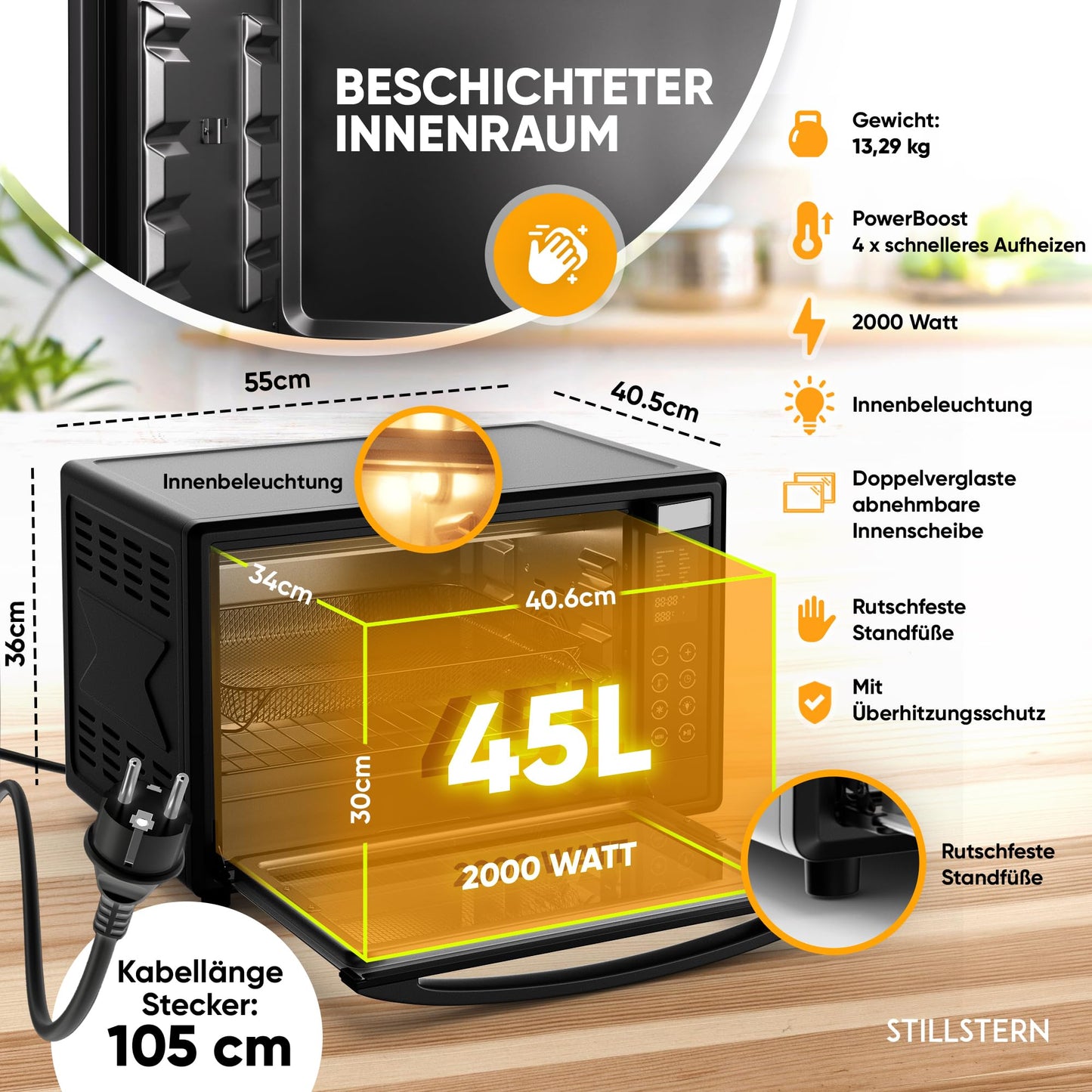 Stillstern Mini Oven with Fan 45L (DE vers) Pizza Ø32, CYCLONE PRO+ non-stick coat, 13 progs, defrost&keep warm, 8h timer, Camping Mini Oven with Fan Pizza Oven Mini Oven small Chicken Grill