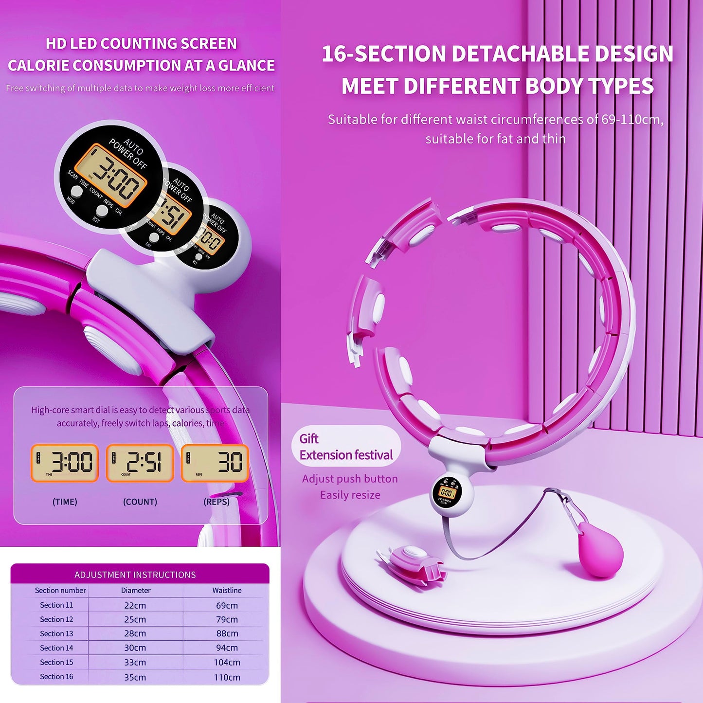 Active 100 Smart Weighted Hula Hoops, Hula Circle Detachable Fitness Ring with 360 Degree Auto-Spinning Ball Massage, Gymnastics, Adult Fitness for Weight Loss (Purple)