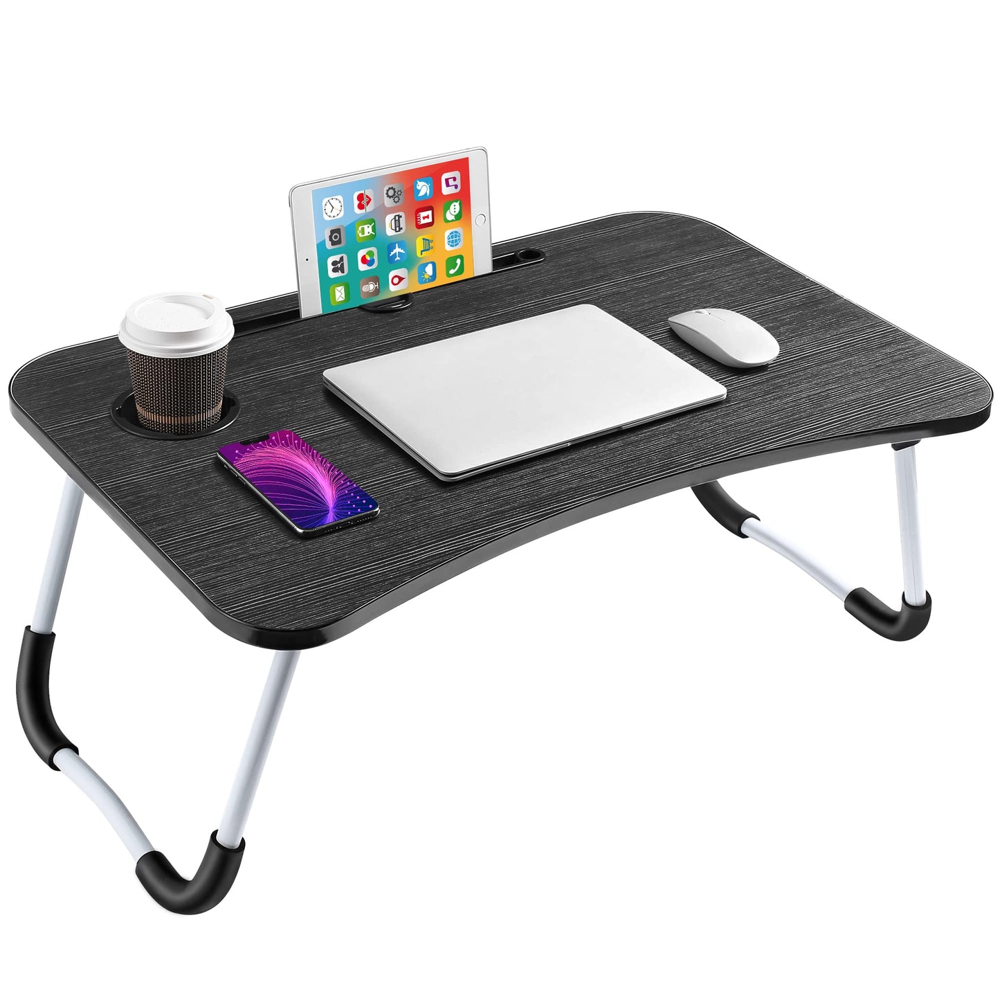 Astory laptop table, bed tray, laptop desk for bed & couch, breakfast tray with foldable legs and cup slot for breakfast in bed, recliner, sofa, 60×39 cm, black