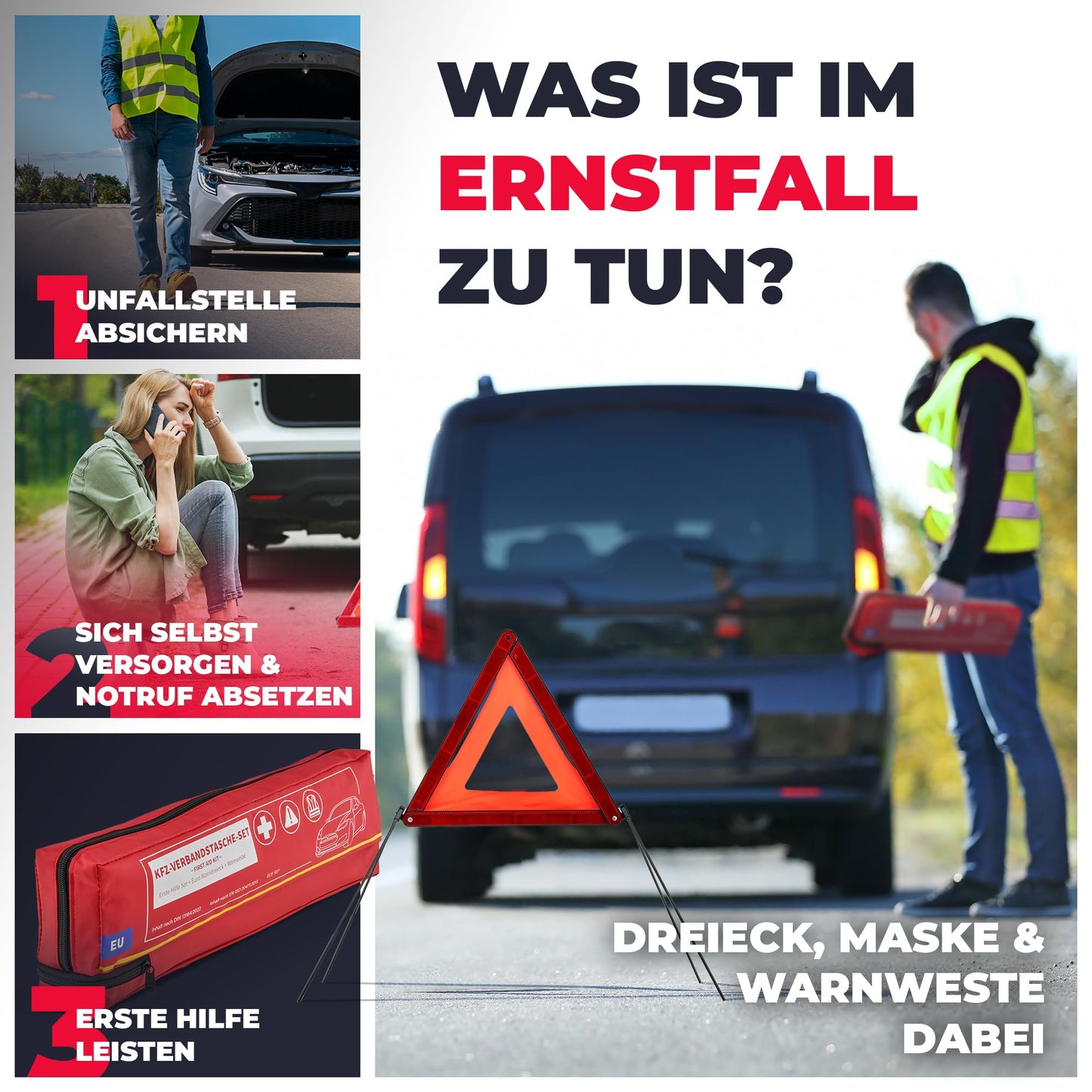 Automotive first aid kit including warning triangle & high-visibility vest until 2029 [EU-compliant] according to DIN 13164:2022. First aid kit, emergency set for car, camper, and home. 100% reliable. Smart Planet.