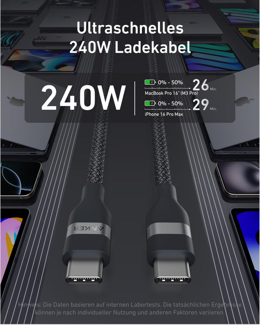 Anchor Nano USB C to USB C Cable, 240W 1.8m flexible color braided, USB C fast charging cable Type C for iPhone 16/16 Pro/16 Plus/16 Pro Max, MacBook Pro/Air, iPad Pro/Air, Galaxy S24 and more.