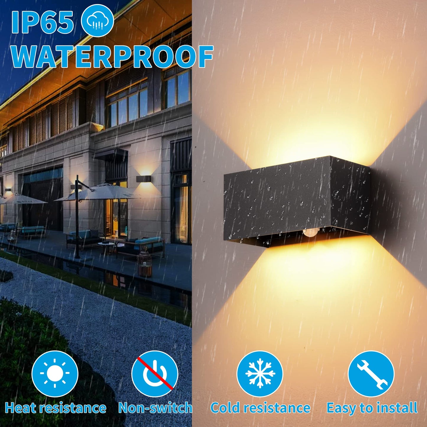 LED wall light for indoor/outdoor use with motion sensor, 24W wall lamp, IP65 waterproof outdoor wall light 3000K warm white wall lighting, outdoor light with adjustable up-down beam angle, black 2 pieces.