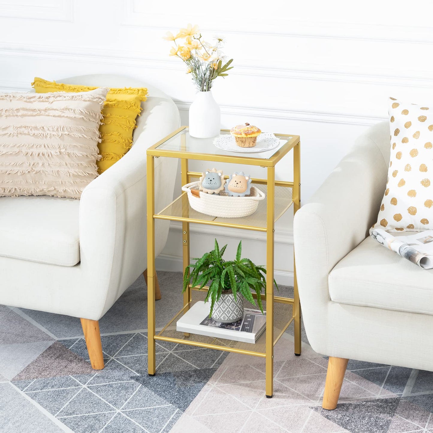 HOOBRO Side Table Gold, Telephone Table, 3-Tier Nightstand with Tempered Glass Top and Grid, Coffee Table for Living Room, Bedroom, Gold Color EGD04DH01